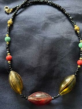 NECKLACE BLOWN GLASS OVALS ORANGE & GOLD WITH GLASS BEADS RED/GREEN & GOLD TONE